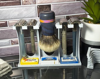 Shave Brush - 4 Slot Double Edge Razor Stand With Tray - Wetshaving Holder - Countertop Organizer