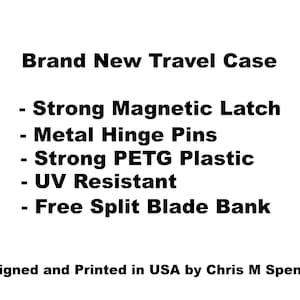 May include: White graphic with the text "Brand New Travel Case" and bullet points listing features like a strong magnetic latch, metal hinge pins, and UV resistance. The text also mentions "Free Split Blade Bank".