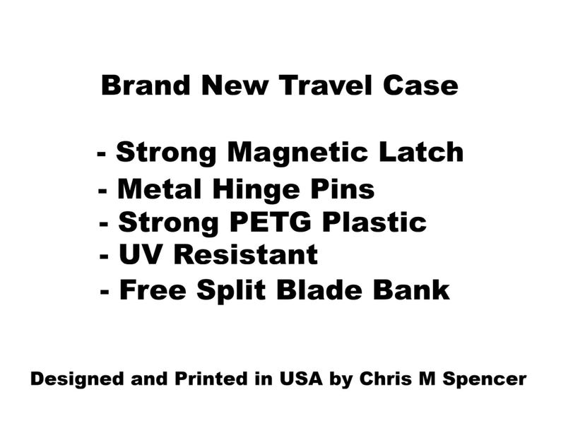 May include: White graphic with the text "Brand New Travel Case" and bullet points listing features like a strong magnetic latch, metal hinge pins, and UV resistance. The text also mentions "Free Split Blade Bank".