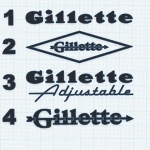 May include: Image featuring four variations of the Gillette logo in black. The logos are numbered 1 through 4. The second logo is within a diamond shape. The third logo includes the word "Adjustable".