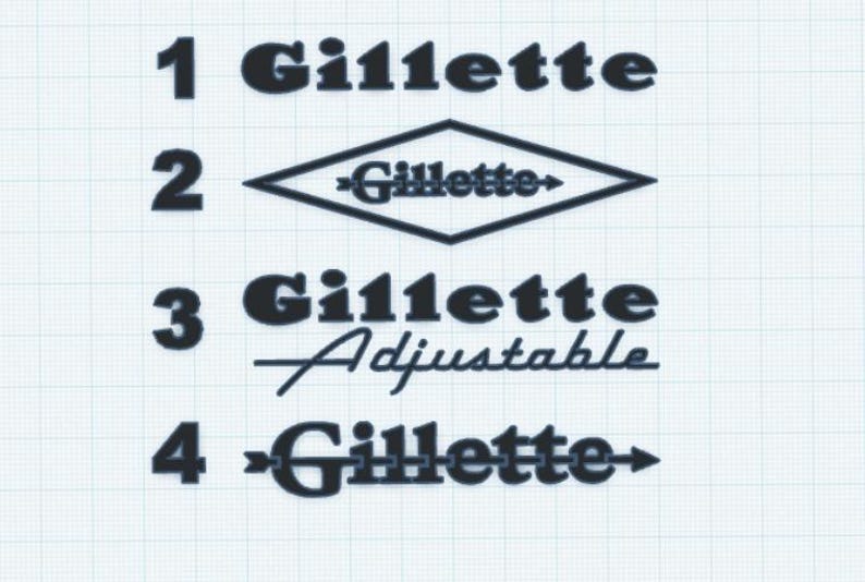 May include: Image featuring four variations of the Gillette logo in black. The logos are numbered 1 through 4. The second logo is within a diamond shape. The third logo includes the word "Adjustable".