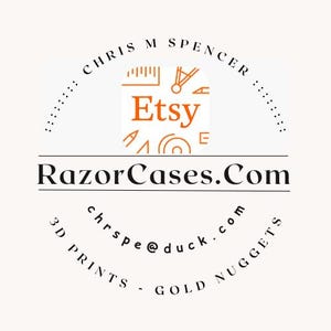May include: A circular logo with the Etsy logo in orange, above the text "RazorCases.com". The logo also includes the text "3D PRINTS - GOLD NUGGETS" and the email address "chrspe@duck.com".