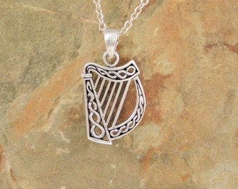 Sterling Silver Irish Celtic Harp Pendant Necklace Scottish Clairsach