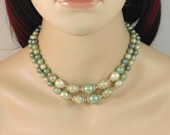 1950's-1960's Japanese multi-strand Shades of Green bead necklace. 15" w/2" extender