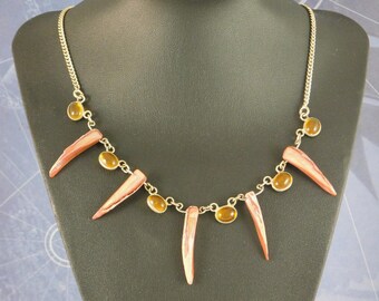 Unique Vintage Amber & Shell Sterling Silver Necklace.  Fall Necklace.