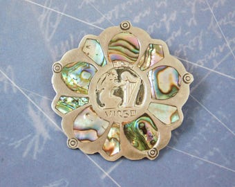 Vintage Mexican Sterling Silver and Abalone VIRGO pendant pin.  Zodiac Necklace.