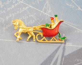 Late 20th Century Vintage Pin...Horse & Sleigh with a couple sitting inside. By New View.
