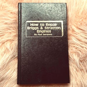 May include: A dark brown book with the title "How to Repair Briggs & Stratton Engines" by Paul Dempsey. The book has a textured cover and is set against a soft, light brown background.