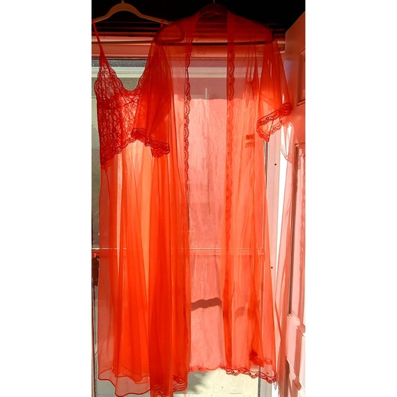 Sheer Red Nylon Frederick's of Hollywood 2pc Peign