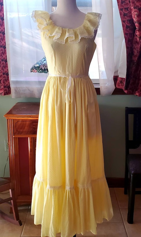 Vintage 70s Yellow & White Swiss Dot Prairie Dress