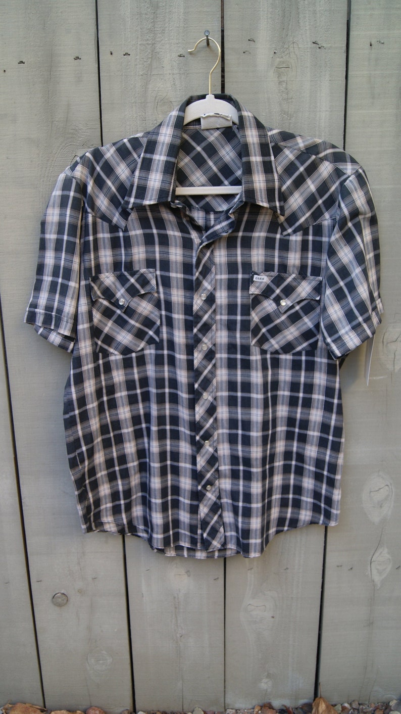 Vintage Men/'s Western DUDE Short Sleeve Plaid Pearl Snap Shirt Size Large