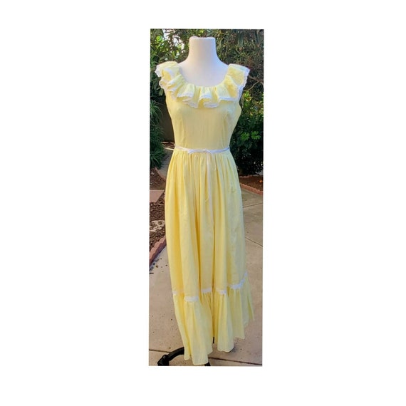 Vintage 70s Yellow & White Swiss Dot Prairie Dress