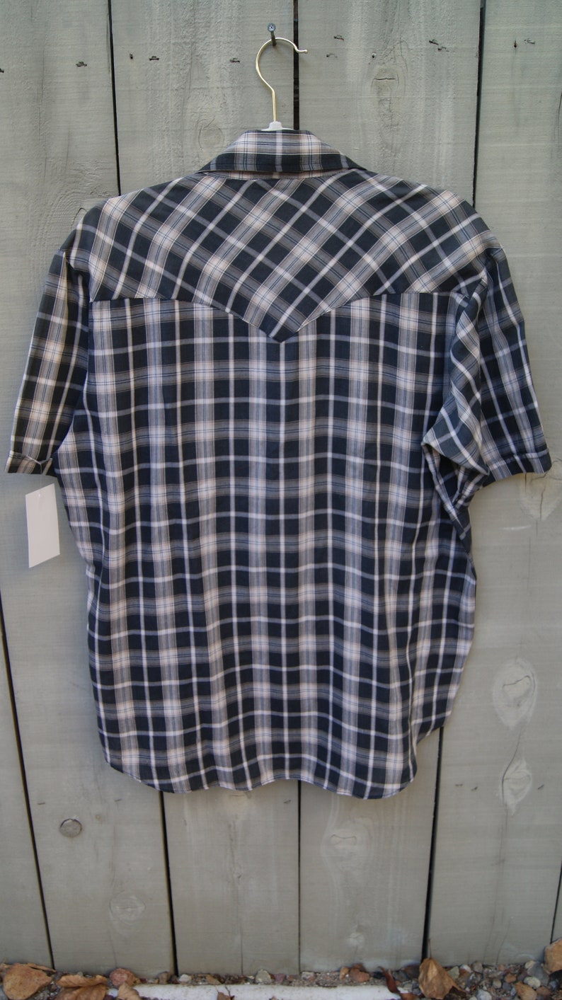 Vintage Men/'s Western DUDE Short Sleeve Plaid Pearl Snap Shirt Size Large