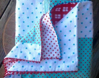 Baby Blanket/  Handmade Cotton Flannel Baby Blanket with Vintage Rick Rack Trim/ Handmade Baby Shower Gift