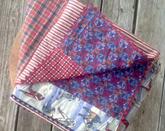 Baby Blanket/ Cotton Flannel Baby Blanket/ Flannel Crib Blanket with Vintage Cotton Rick Rack Trim/ Baseball Theme Baby Shower Gift/