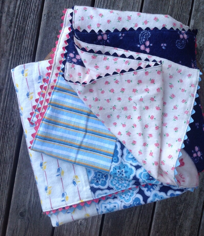 Baby Blanket/ Cotton Flannel Baby Blanket With Vintage Rick Rack Trim/ Handmade Baby Blanket