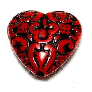 Vintage Lucite Heart Bead, Vintage Resin Heart Bead, Dark Red with Black Inlay Heart Bead - 8 piece VL16R