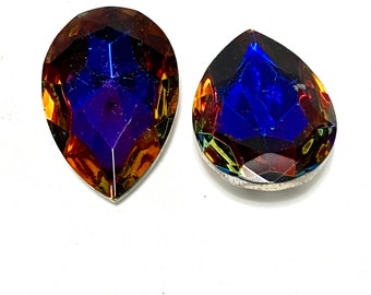 Vintage Multi-Colored Faceted Cut Glass Teardrop Cabochon with Silver Foil Back, Teardrop Pendant CAB, Teardrop Pendant Cabochon, 12 pieces