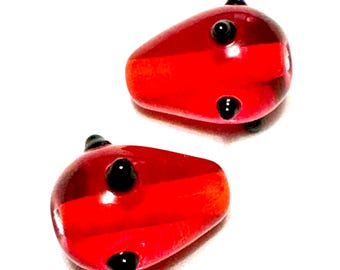 Vintage Red Teardrop Lamp Work Bead, Red Teardrop Glass Bead, Red and Black Bead 16 piece VG332R