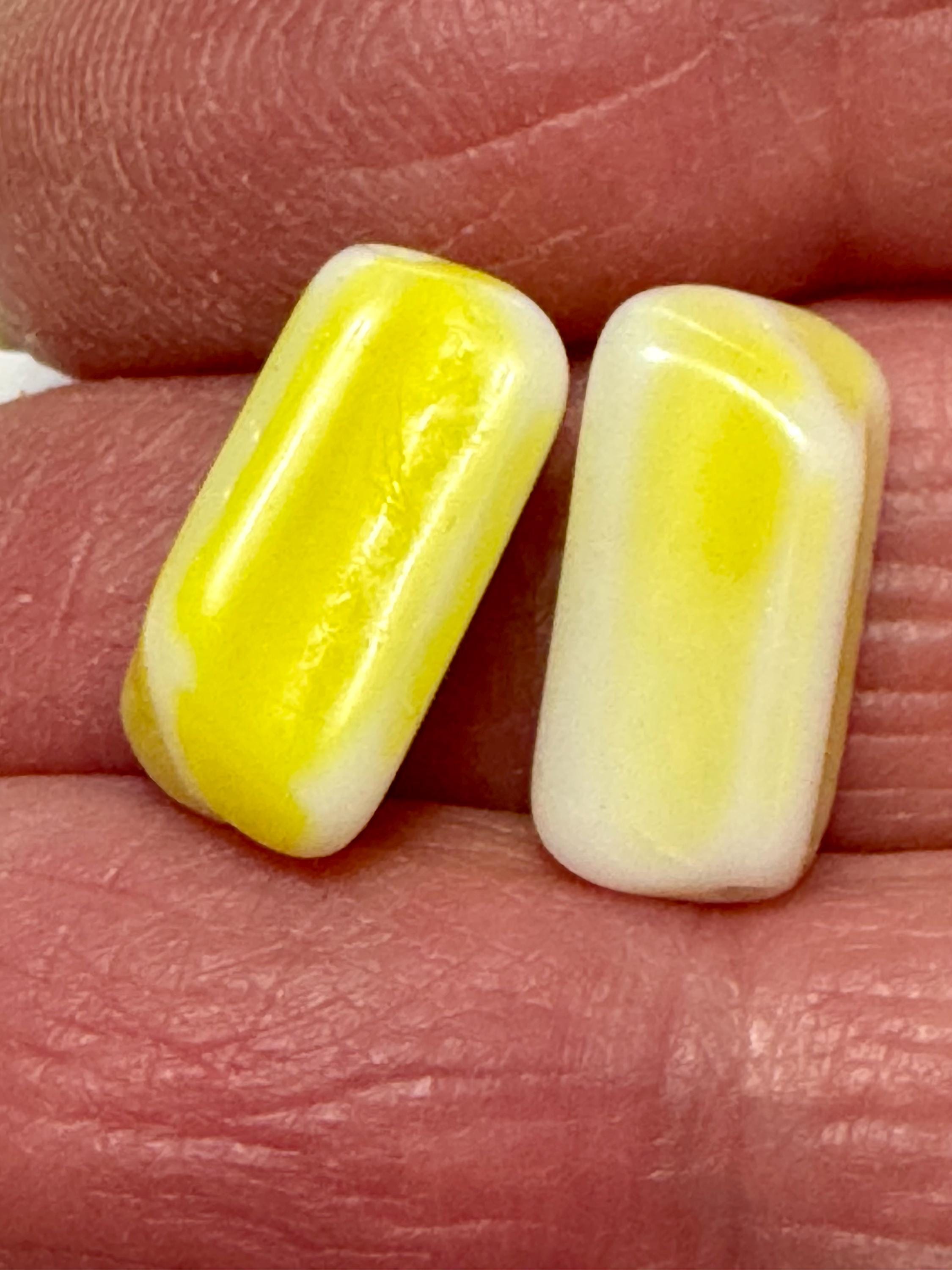 Vintage West German Yellow and White Glass Beads, Oblong