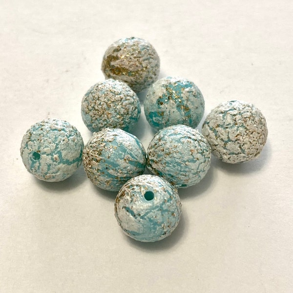 Vintage Round Lucite Light Blue, White and Gold Bead, Marbled "Sugar" Lucite Bead, Light Blue Resin Bead, Marbled Resin Bead - 20 pieces