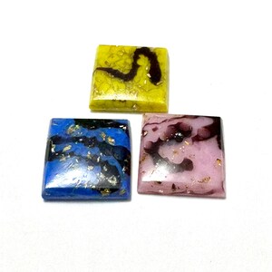 Vintage Square Yellow Glass Cabochon with Black and Gold Accents, Square CAB, Blue Square Cabochon  Pink Square Cabochon  12 pieces CAB432M