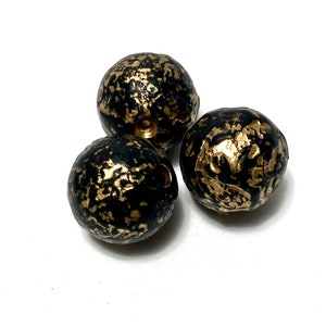 Vintage Round Black and Gold Marbled Lucite Beads, Round Black and Gold Marbled Resin Beads - 10 pieces VL167