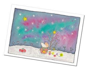 May include: Watercolor illustration of a mouse decorating a small tree with a star on top. The background features a colorful sky with snowflakes and stars. A red gift box sits in the snow.