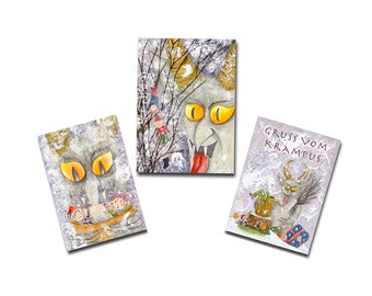 Spooky Krampus Christmas Cards, Alternative Holiday Art, Pack of 3