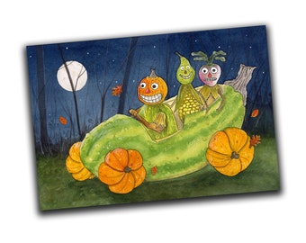 Vintage Style Halloween Pumpkin and Vegetable People Greetings Card, By Kris Miners