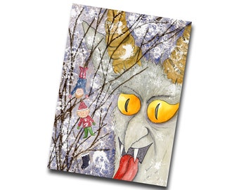 Krampus Christmas Card, Creepy Gothic Tree, Watercolour Illustration