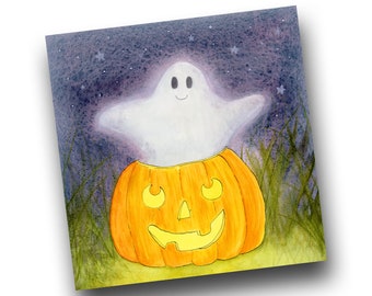 Cute Ghost in a Pumpkin "Ghost Light" Halloween Greetings Card | Halloween Designs by Kris Miners