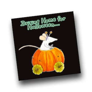 Conduire à la maison pour Halloween, carte de voeux de souris d'Halloween, carte de voeux fantaisiste de Samhain