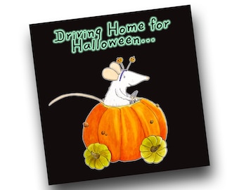 Halloween Mouse Greetings Card, Pumpkin Car, Whimsical Recycled Card Stock