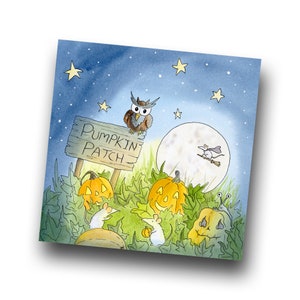 Carte de voeux d'Halloween de hibou de patch de citrouille, carte de voeux illustrée de patch de citrouille