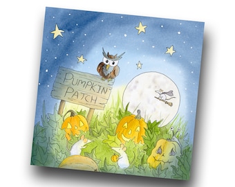 Pumpkin Patch Owl Halloween Card, Illustrated Greetings Card
