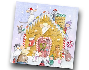 Hornbeam Hollow Gingerbread House Christmas Card, Whimsical Watercolor Illustration
