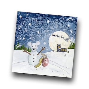 May include: A watercolor illustration of a snowman with a yellow scarf and a small mouse standing next to it. The background is a snowy night scene with a full moon and stars.