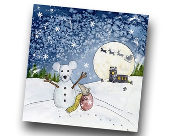 Pygmy Snowmouse Christmas Card, Hornbeam Hollow Watercolor Greetings, Recycled Card