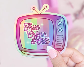 True Crime & Chill Vintage TV Holographic Vinyl Die Cut Sticker for Laptops, Water Bottles, Journals, and Planners, Cute Aesthetic Stickers