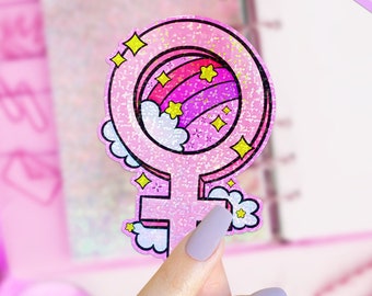 Women's Symbol Holographic Vinyl Die Cut Sticker, Kawaii Cute Sticker for Laptops, Water Bottles, Journals, and Planners, Girl Power Sticker