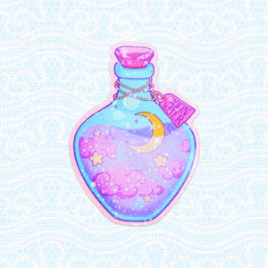 Moon Water Potion Bottle Holographic Sticker -Witchy Cute Vinyl Decal, Magical Kawaii Art, Occult Aesthetic, Perfect for Laptops or Journals