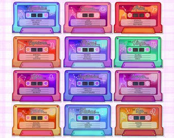 Holographic Mixtape Vinyl Stickers for Zodiac Signs, Aries, Taurus, Gemini, Cancer, Leo, Virgo, Libra, Scorpio, Pisces, Astrology, Star Sign
