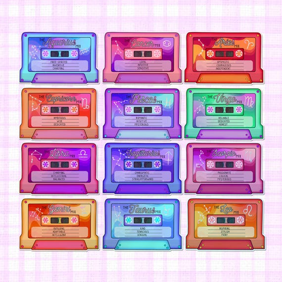 Holographic Mixtape Vinyl Stickers for Zodiac Signs, Aries, Taurus, Gemini, Cancer, Leo, Virgo, Libra, Scorpio, Pisces, Astrology, Star Sign