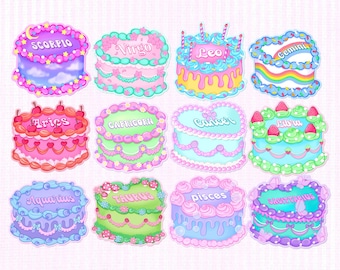 Holographic Zodiac Cakes Vinyl Stickers, Aries, Taurus, Gemini, Cancer, Leo, Virgo, Libra, Scorpio, Pisces, Astrology, Star Sign