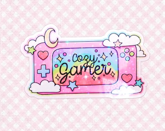 Holographic Cozy Gamer Vinyl Die Cut Sticker, Rainbow Cute Gamer Girl Sticker, Kawaii Aesthetic Stickers, Gamer Girl Gifts, Cozy Gaming