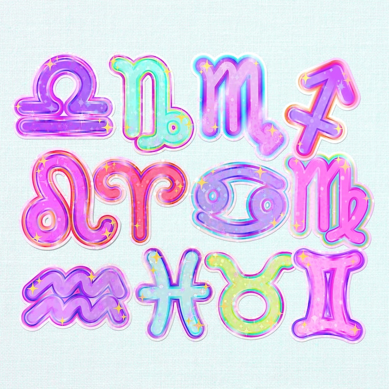 May include: A collection of colorful zodiac sign stickers. Each sign is outlined in a vibrant color and filled with a gradient of other colors. The signs include Libra, Gemini, Scorpio, Sagittarius, Aries, Cancer, Virgo, Aquarius, Pisces, and Taurus.