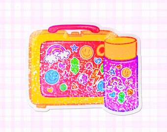 May include: A sticker set featuring a yellow lunchbox and a purple bottle, both covered in glitter and colorful cartoon graphics. The lunchbox has a pink handle and is decorated with rainbows, stars, and smiley faces. The bottle has the word "BFF" on it.