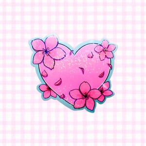Holographic Sakura Heart Sticker: Kawaii Cherry Blossom Die Cut