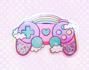 Holographic Gaming Controller Vinyl Die Cut Sticker, Cute Gamer Girl Sticker, Kawaii Aesthetic Stickers, Gamer Girl Gifts, Cozy Gaming